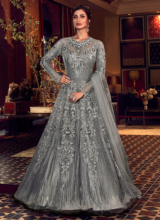 Buy Grey Wedding Anarkali Gown In USA, UK, Canada, Australia, Newzeland ...