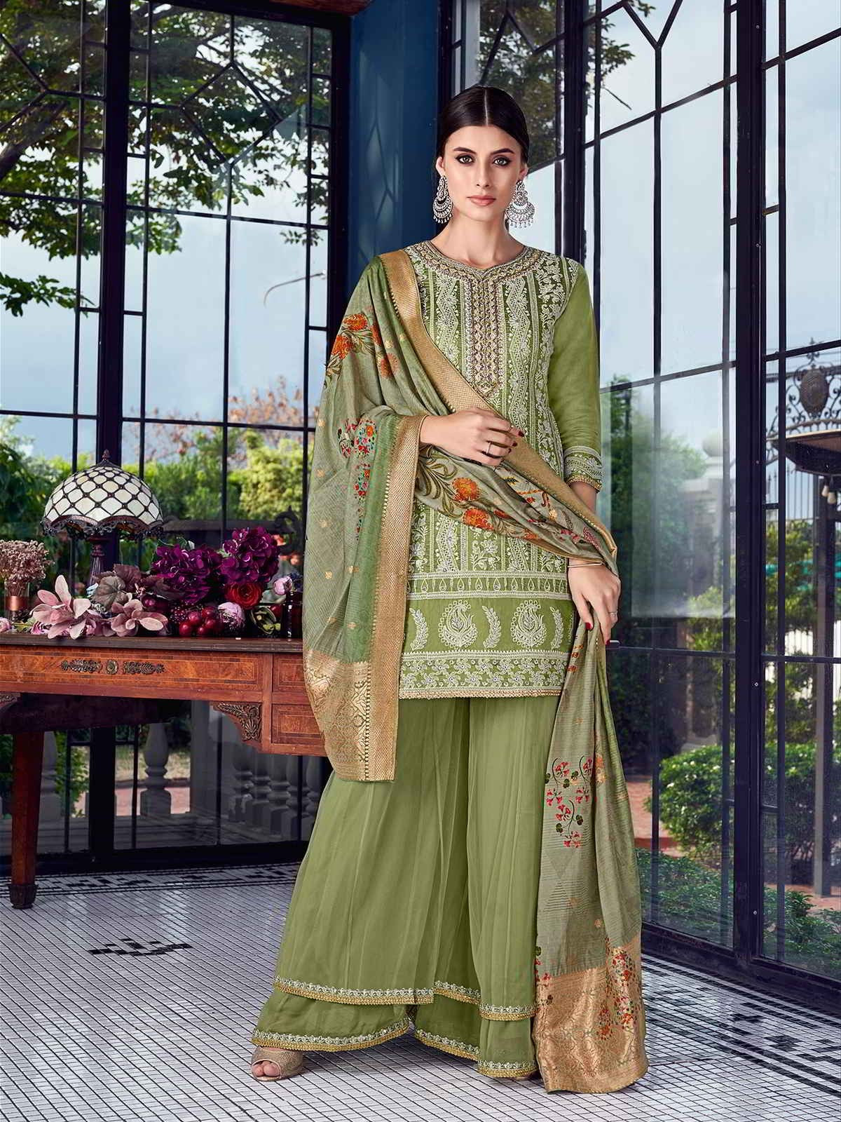 Pista Green Multi Embroidered Lucknowi Sharara Palazzo Suit