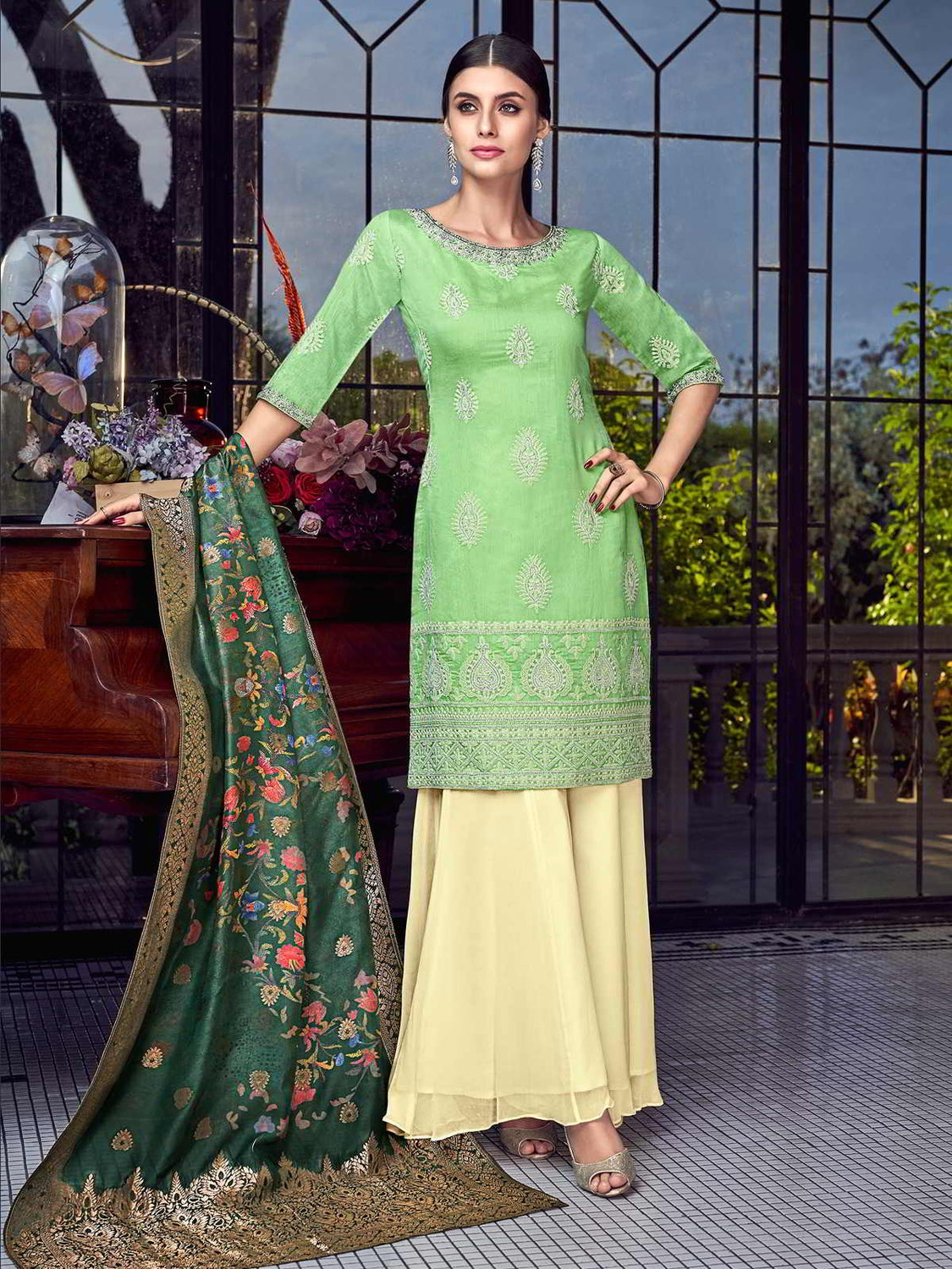 Light Green Multi Embroidered Lucknowi Sharara Palazzo Suit