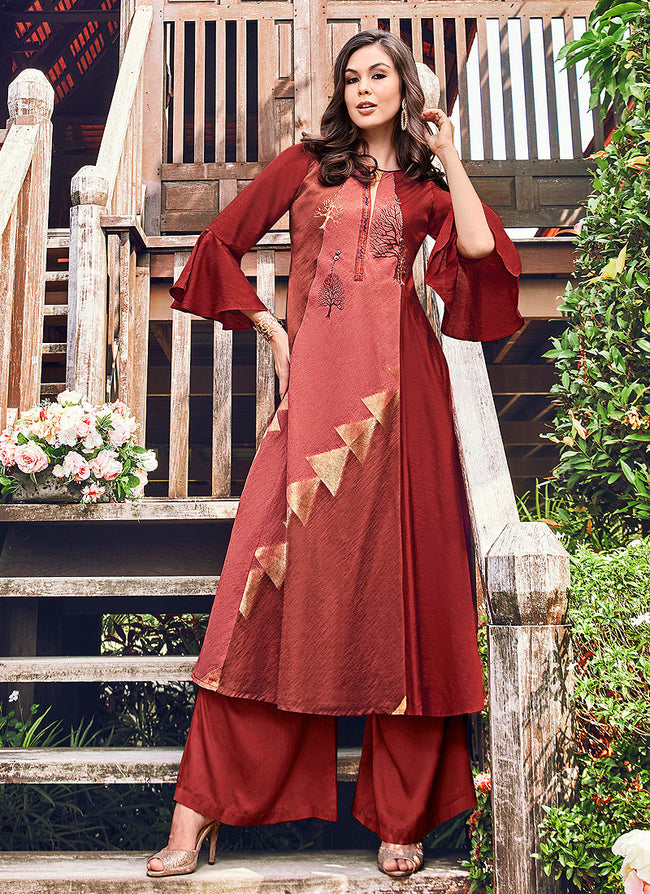Rustic Red Printed And Embroidered Kurti