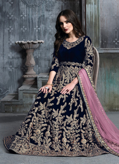 blue and pink anarkali