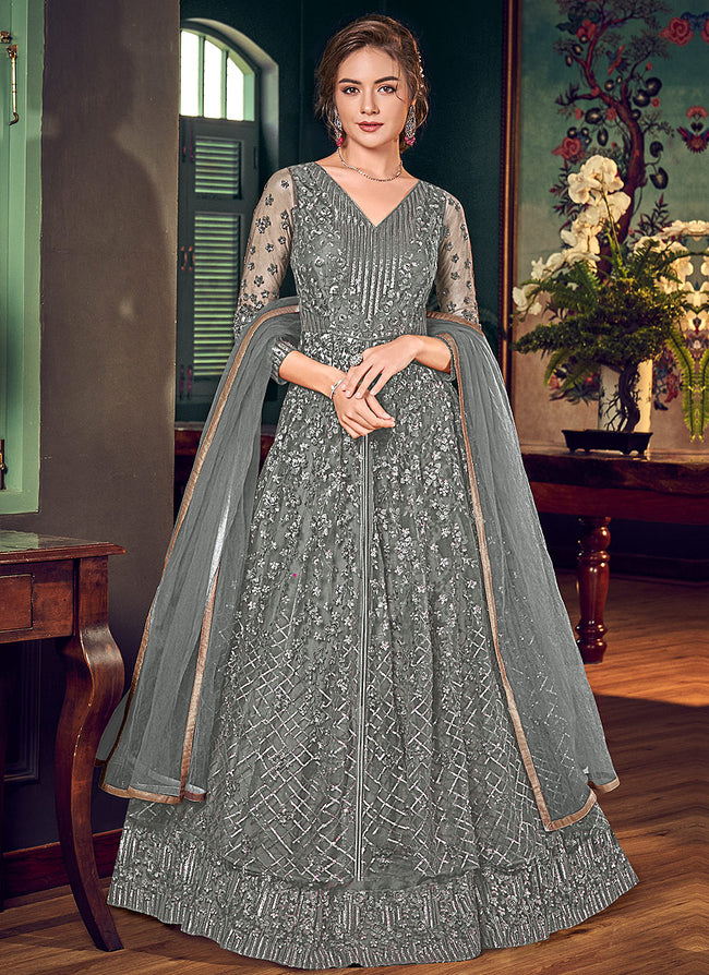 Silver Grey Metallic Embroidered Lehenga Set Design by Seema Gujral at  Pernia's Pop Up Shop 2024