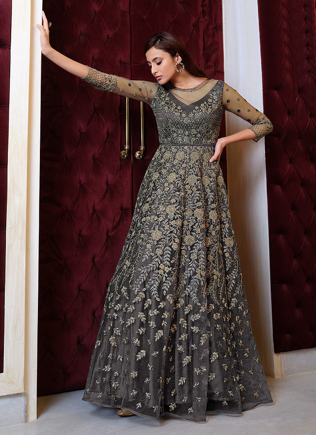 Buy Grey Embroidered Flared Anarkali Suit In USA, UK, Canada, Australia ...