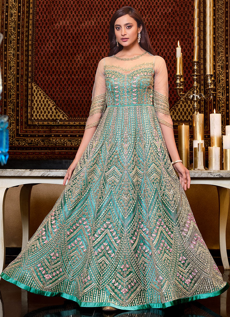Aqua Blue Embroidered Indian Anarkali Suit in USA, UK, Canada Online