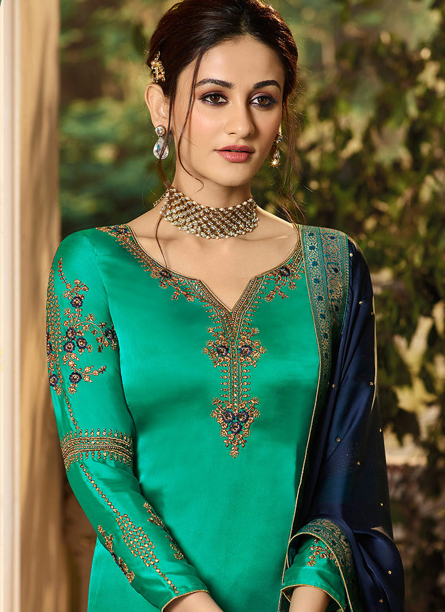 Aqua Blue And Navy Contrast Designer Embroidered Palazzo Suit - Hatkay