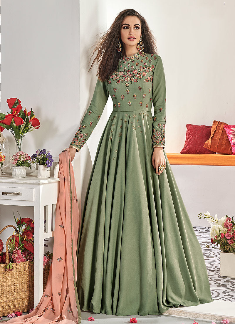 Green And Peach Traditional Embroidered Anarkali Suit