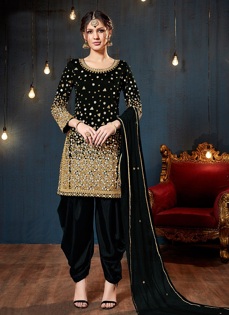 Buy Indian Black Embroidered Traditional Patiala Suit for Women ...
