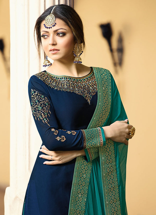 Buy Indian Blue And Turquoise Embroidered Lehenga Kurti Set for Women ...