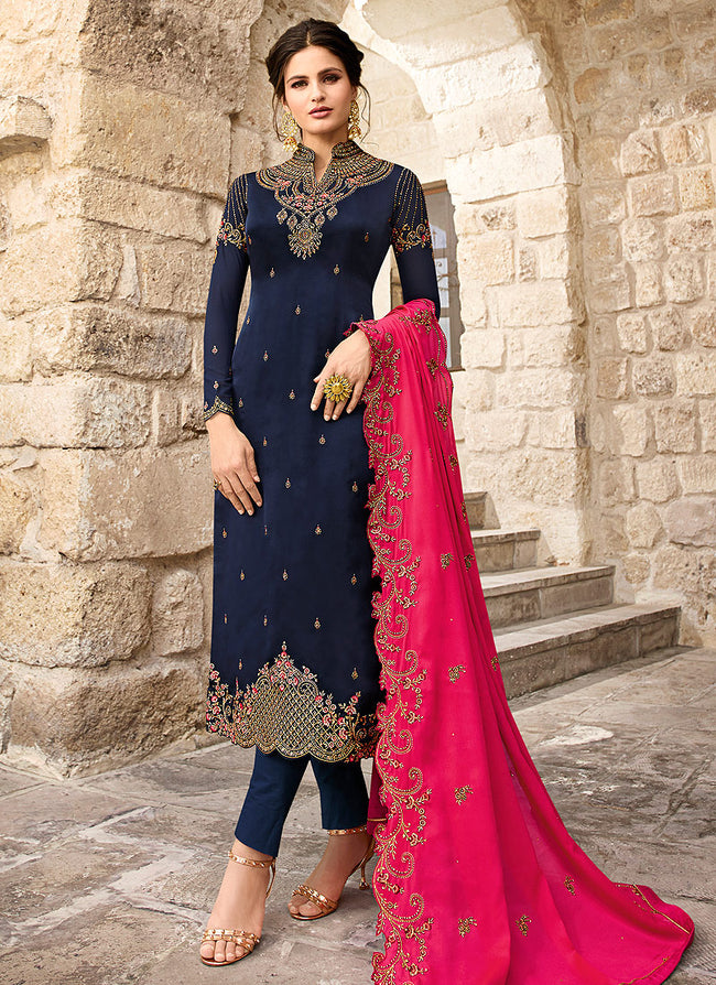 Navy Blue And Pink Traditional Pants Suit 6164