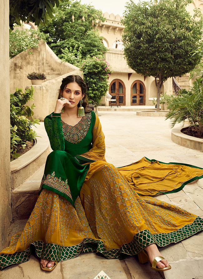 Green And Yellow Embroidered Designer Sharara Suit