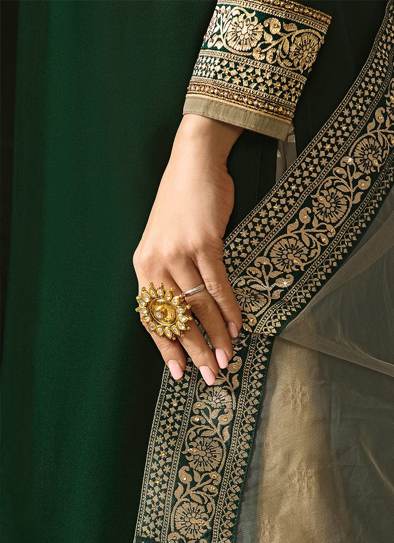 Green And Golden Embroidered Lehenga Kurti Set - Hatkay