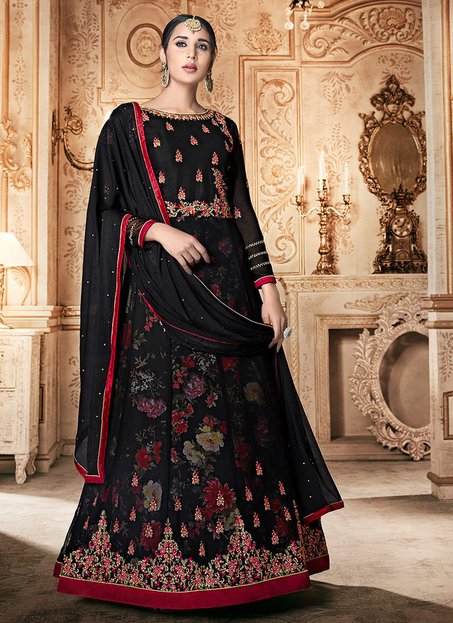 Buy Indian Black Floral Embroidered Traditional Anarkali Suit for Women ...