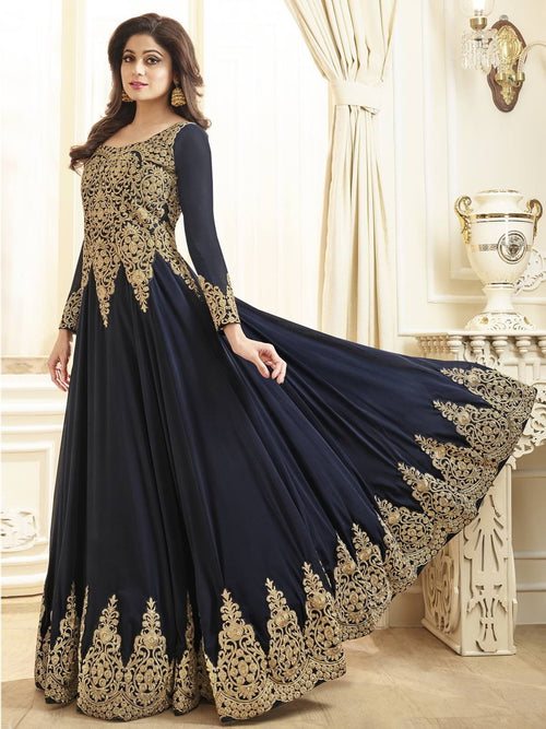 navy blue gown with golden work