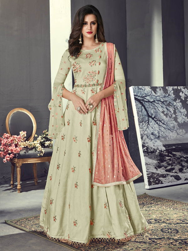 Olive Green And Peach Embroidered Silk Anarkali Suit - Hatkay