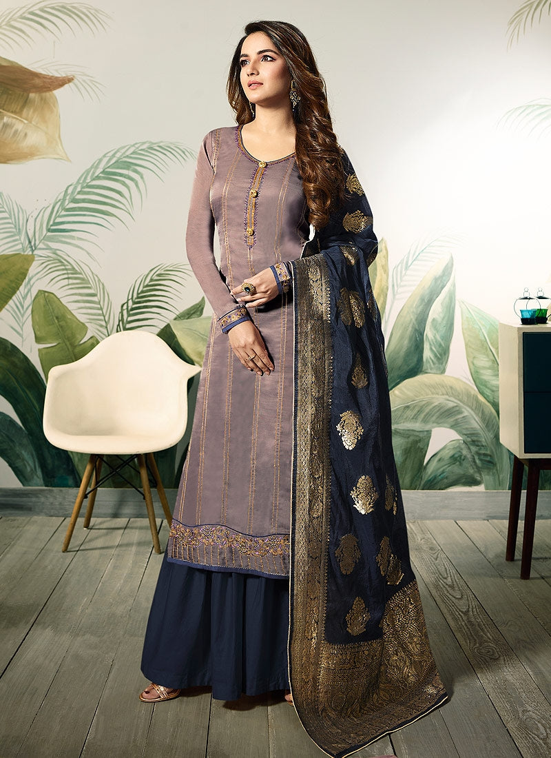 Purple And Blue Embellished Satin Palazzo Suit - Hatkay