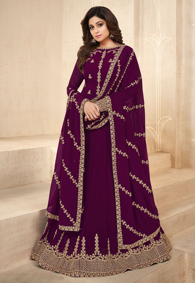 Purple Embroidered Georgette Anarkali Suit - Hatkay