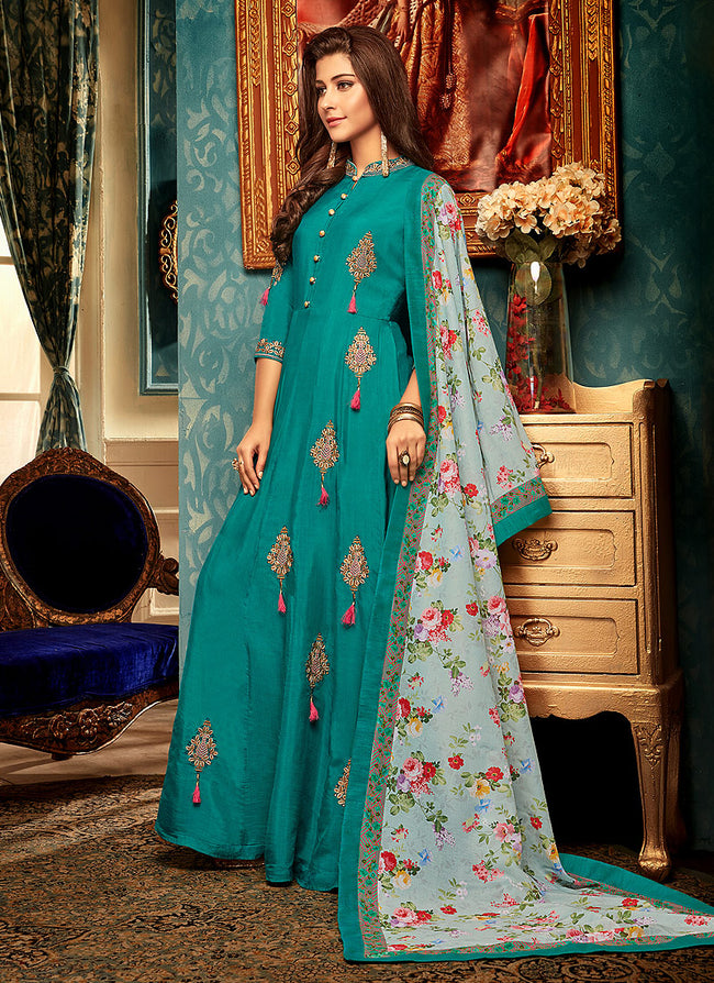 Turquoise Multi Embroidered Suit