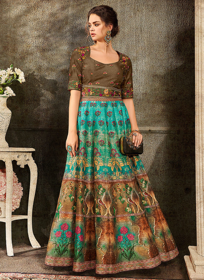 Turquoise And Brown Embroidered Wedding Lehenga/ Gown