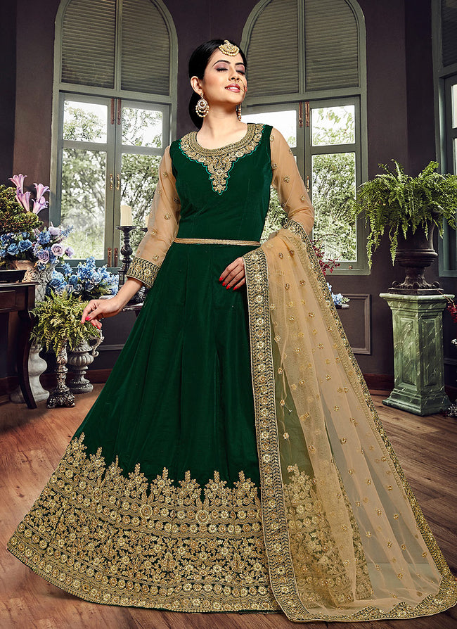 Green And Golden Embroidered Velvet Anarkali Suit