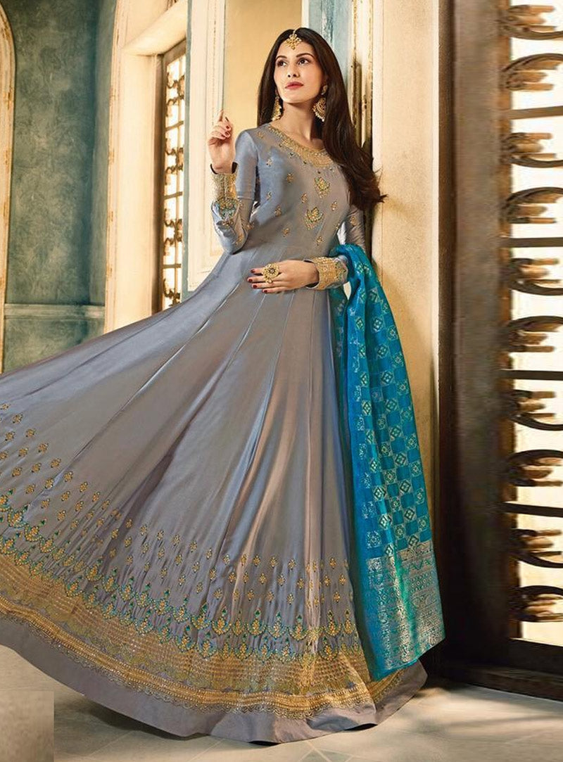 Slate Grey And Blue Motif Embroidered Ghera Anarkali Suit - Hatkay