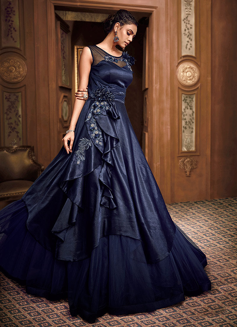 Navy Blue Floral Embroidered Layered Indo Western Gown