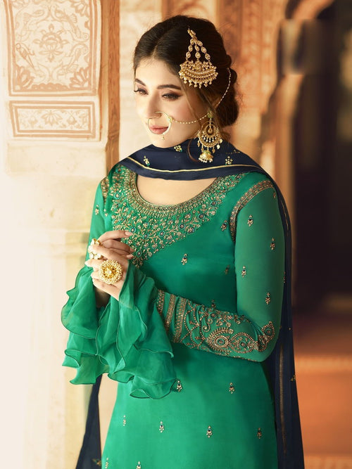 Turquoise Green And Blue Ethnic Embroidered Sharara Suit - Hatkay
