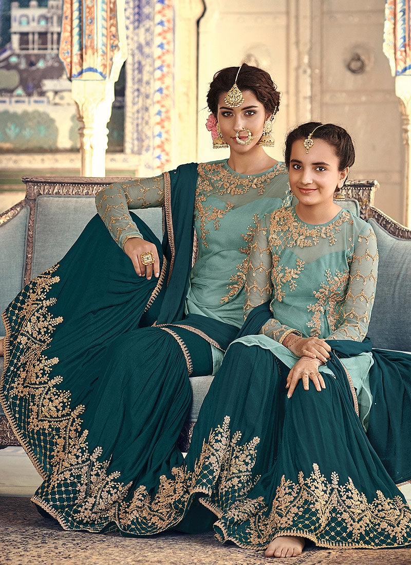 Turquoise Two Tone Embellished Gharara Palazzo Suit - Hatkay