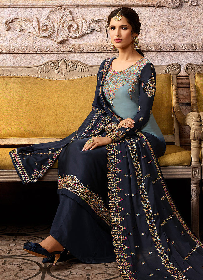 Buy Indian Blue Two Tone Embroidered Palazzo Suit for Women Online in ...