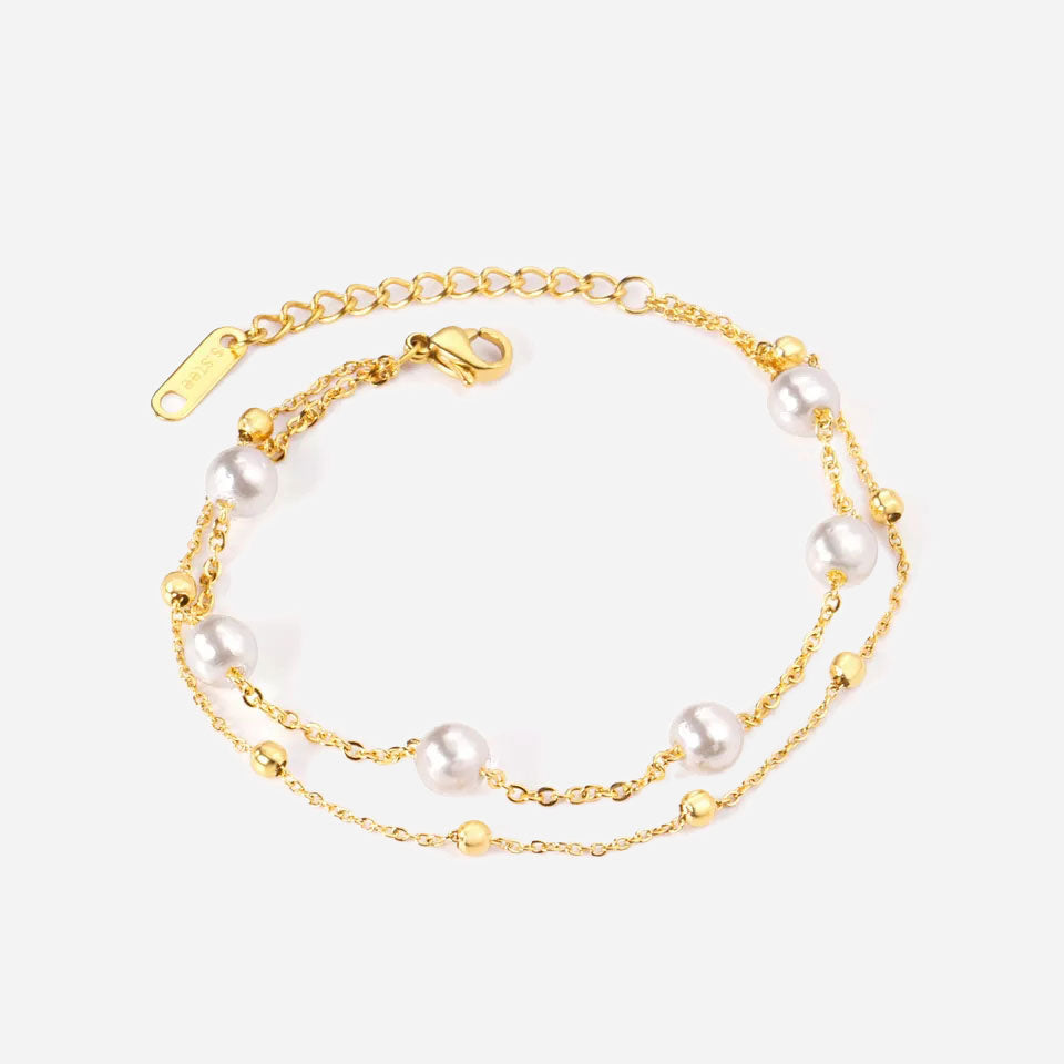 Billede af Curb Layer Pearl Chain Armbånd 18K Guldbelagt