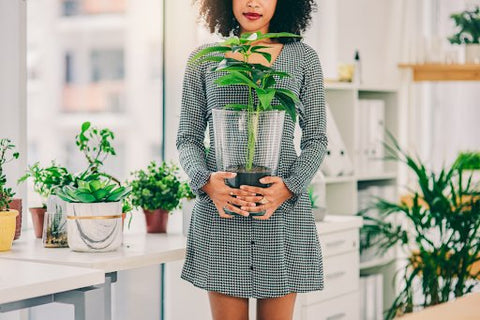 Woman in a room full of houseplants.