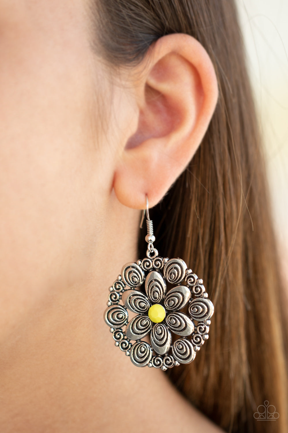 Paparazzi Grove Groove - Yellow Beads - Flowery Silver Frame - Earrings - $5 Jewelry with Ashley Swint