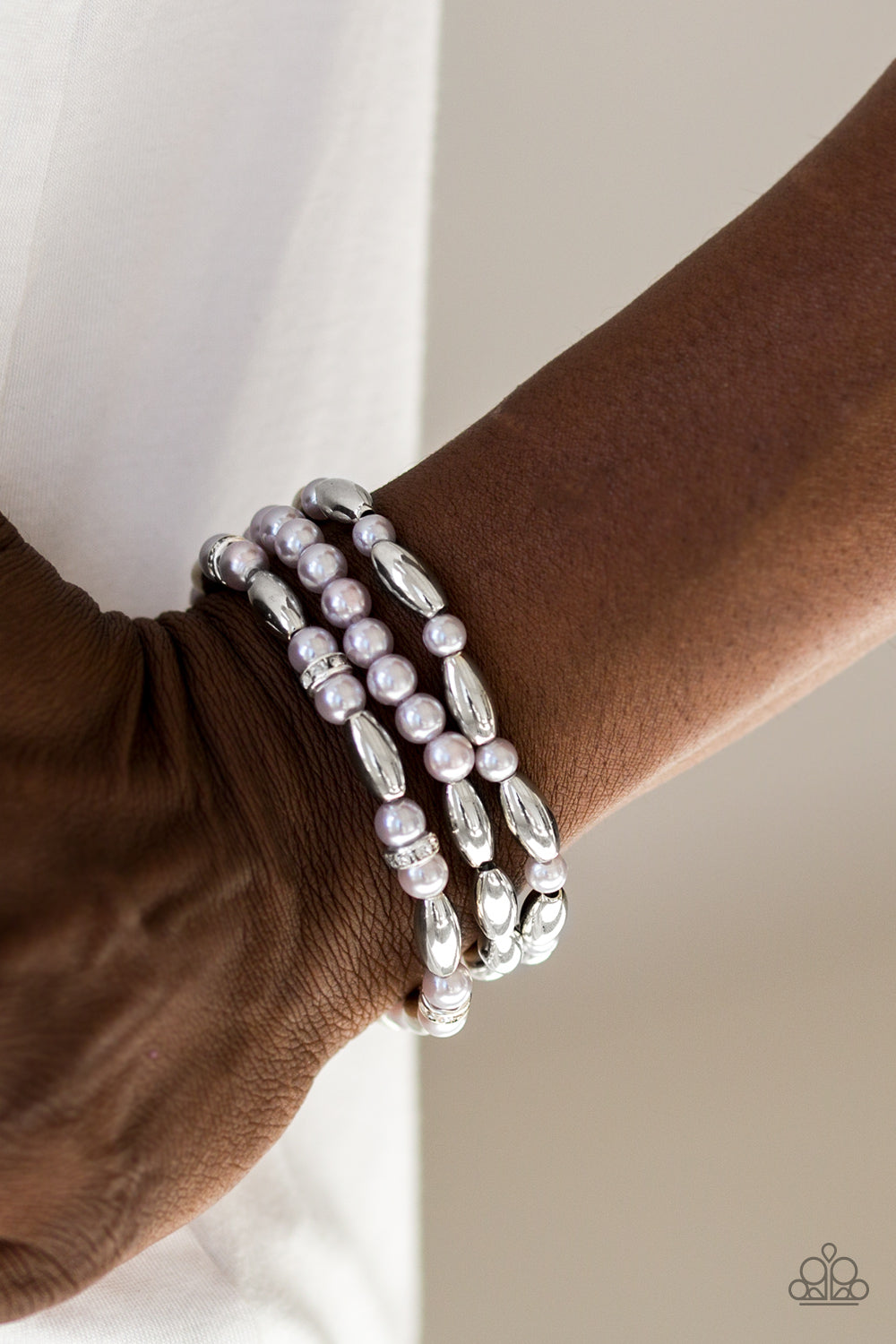 Paparazzi Chic Contender - Silver Pearls - White Rhinestones - Set of 3 Bracelets - $5 Jewelry With Ashley Swint