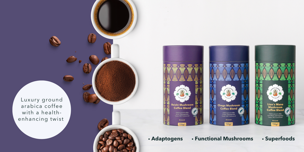 mushroom coffee with lion's mane, chaga or reishi, boosted with ashwagandha and mct oil. adaptogenic, jitters free, premium