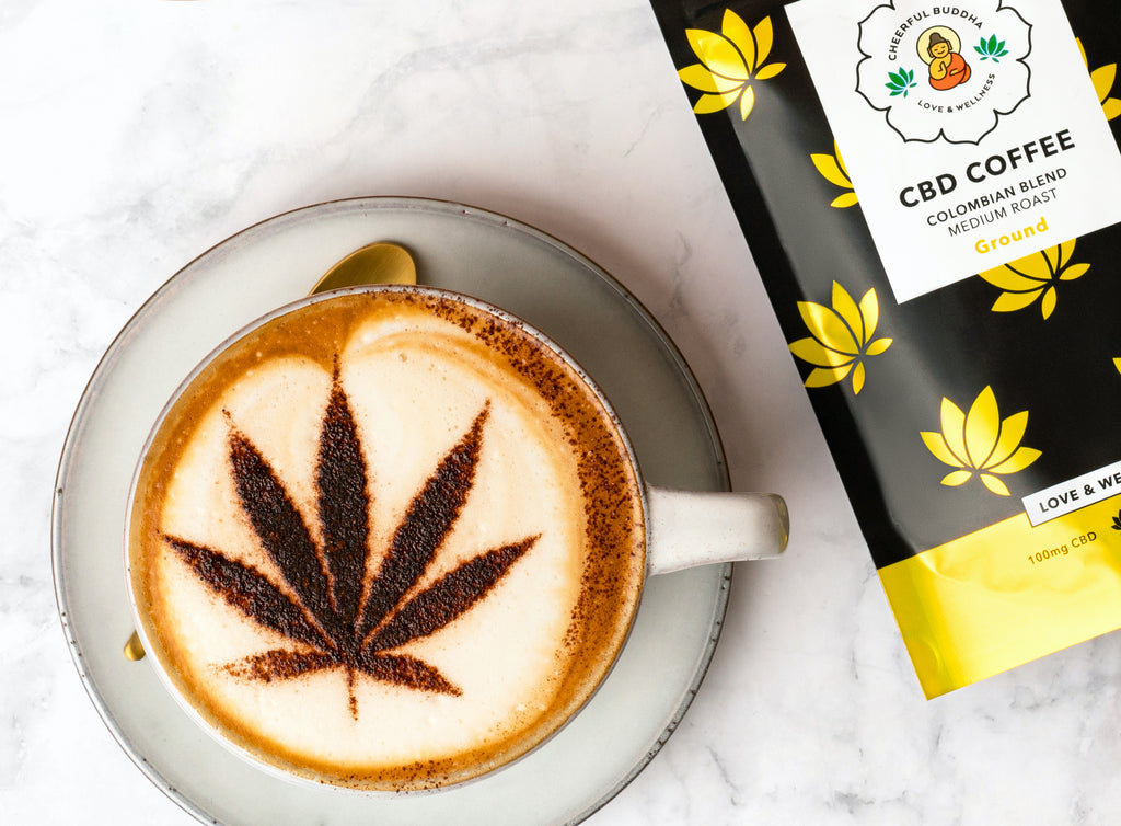 Cheerful Buddha CBD-infused coffee with a freshly brewed cup