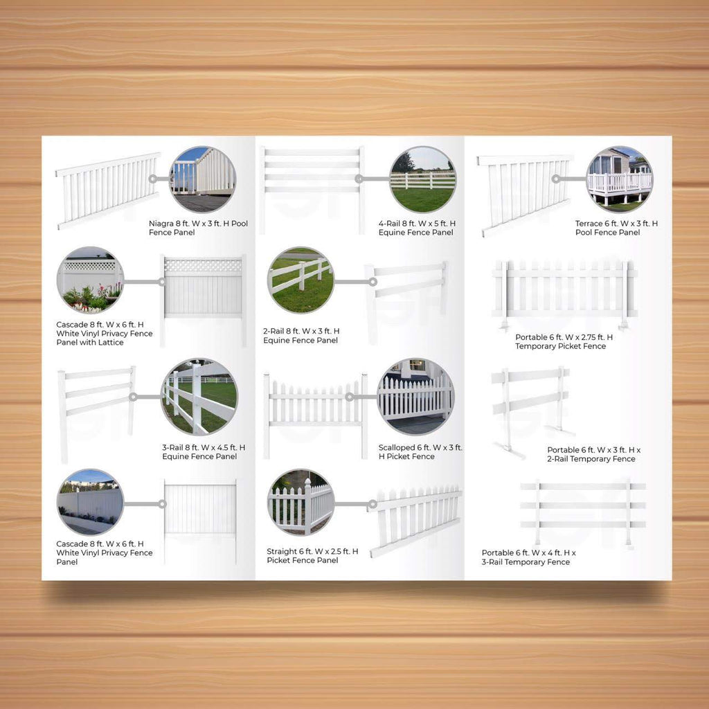 This photo displays a catalogue featuring a wide range of fence panels suitable for gardens of all sizes. The catalogue includes temporary style fence panels, privacy style panels, straight and scalloped picket style fences, as well as pool and equine style fence panels. Whether you have a small or large garden, this collection offers a variety of options to meet your fencing needs. Each panel is designed to enhance the aesthetics and functionality of your outdoor space, providing the perfect solution for securing and beautifying your garden.