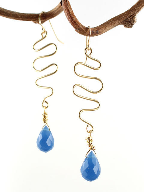 Wire squiggle with blue crystal drop earrings