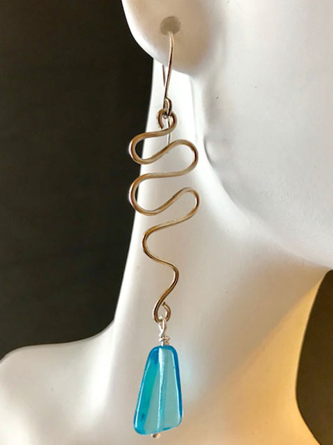 Wire squiggle blue crystal drop earrings