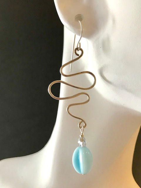 Wire squiggle light blue drop earrings