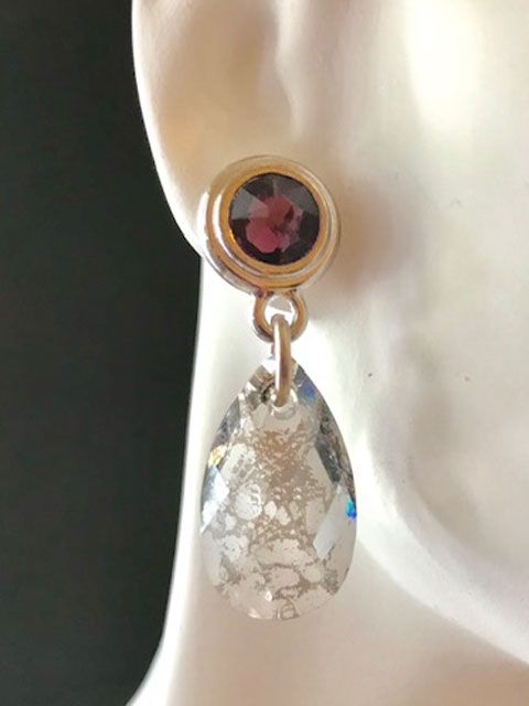Purple bezel post silver/crystal earrings