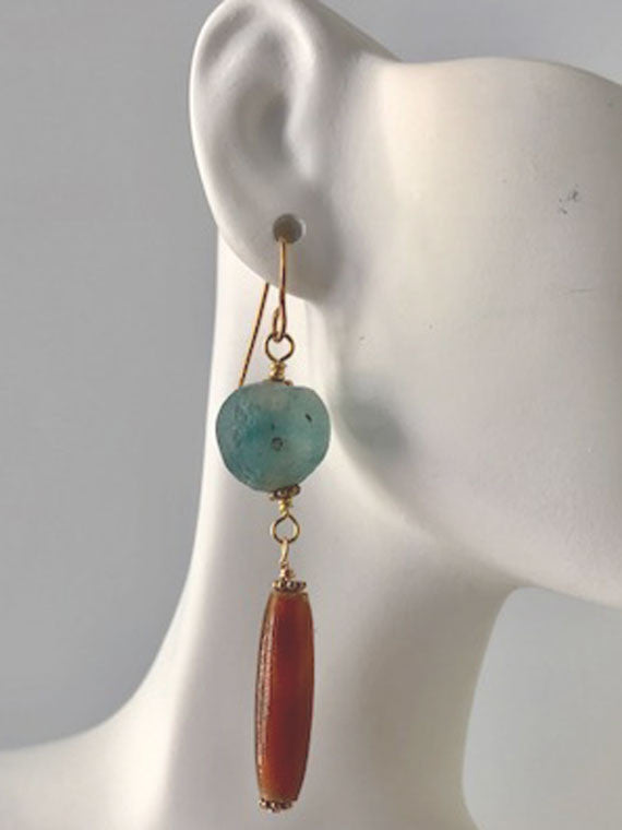 Blue glass and horn earrings