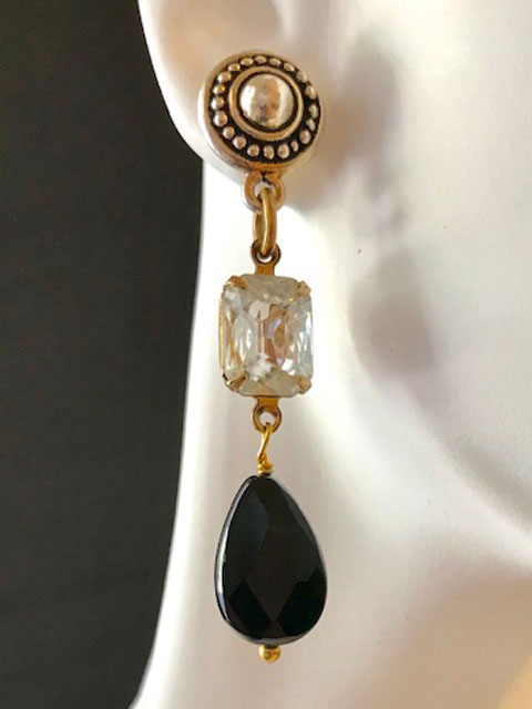 Crystal and onyx dangle gold tone earrings