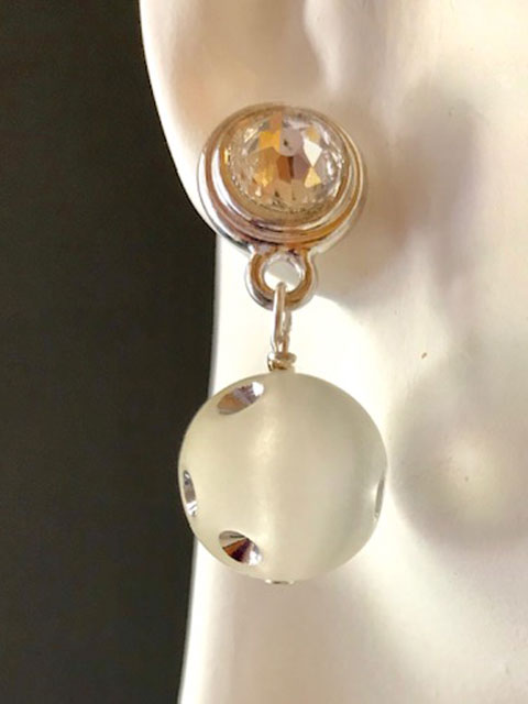 Silver and crystal post frosted lucite ball earrings