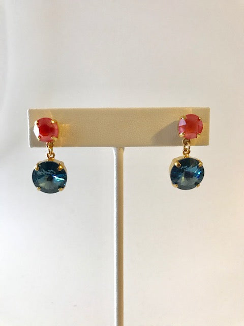 Coral and blue crystal post earrings
