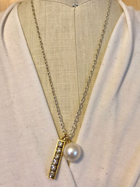 Rhinestone and pearl drop on chain necklace