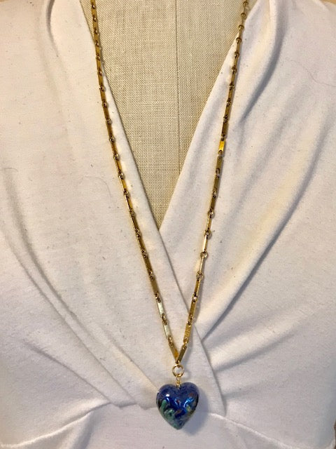 Blue glass heart on goldplated chain necklace