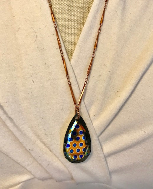 Blue dot crystal teardrop on copper chain necklace