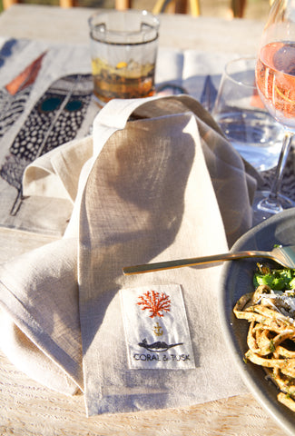 Embroidered Coral & Tusk Tea Towel and feathers Table Runner