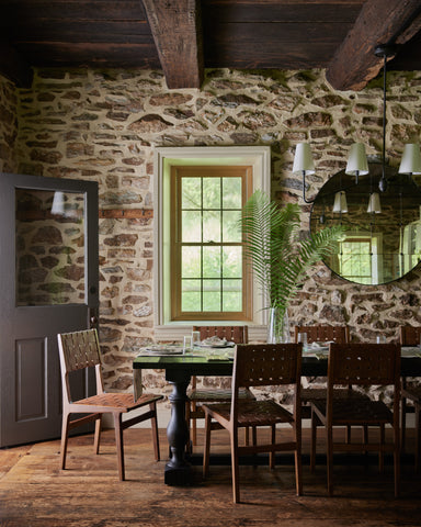 Coral and Tusk runner and napkins in a cottage setting