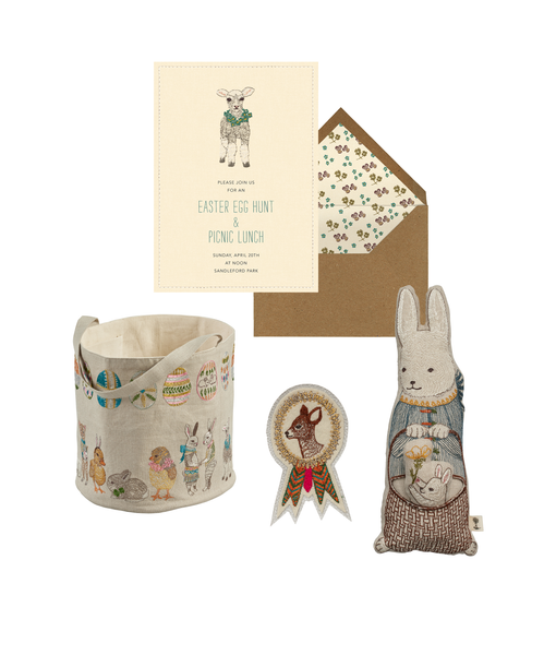 Product photos of Paperless post Lovely lamb card, Easter bucket, Deer Badge Pin, Easter Bunny Doll