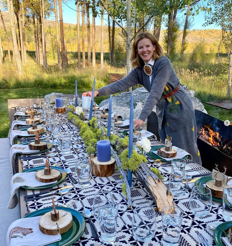 Lela Rose Fall table setting tablescape hosting with Coral & Tusk custom tea towels with deer and bear embroidery.